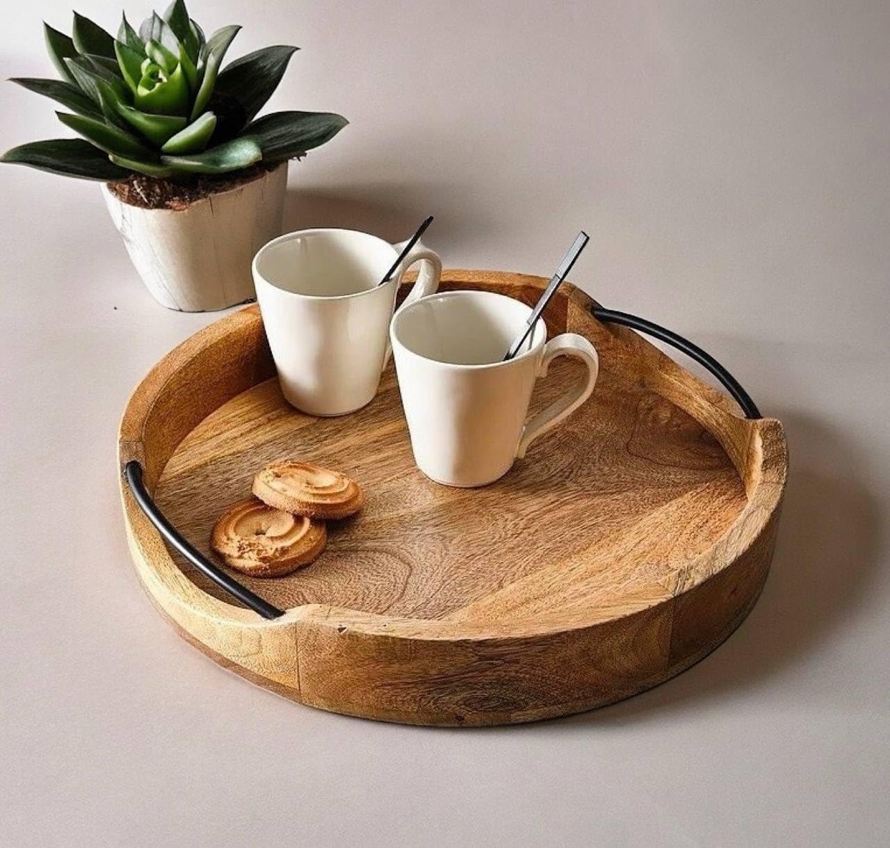 Craft Mshopr Round Wooden Serving Tray with Iron Handles - Rustic Decorative Wood Platter - 10x10x2 Inches - Perfect for Breakfast, Coffee, Snacks, and Charcuterie - Brown Farmhouse Design (B0D8GQX4MD) Amazon Price History, Amazon Price Tracker