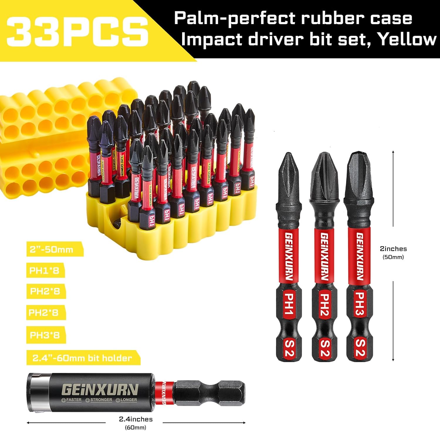 Geinxurn Impact Phillips Screwdriver Bits Set, 33 Pieces 1”Magnetic(PH1/PH2/PH3) S2 Steel Multi Cross Driver Bits and 1 Pc Bit Holder with Yellow Soft Base