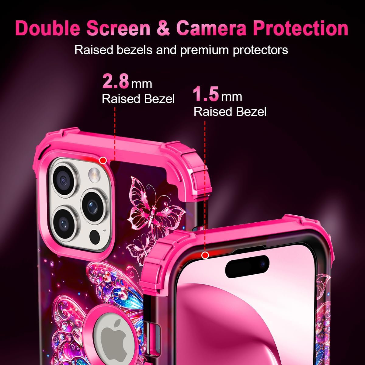 Miqala Compatible with iPhone 15 Pro Max Case,Glow in The Dark Three Layer Heavy Duty Shockproof Full Protection Hard Plastic Bumper+Soft Silicone Protective Case for Apple iPhone 15 Pro Max,Deep Pink - Image 4