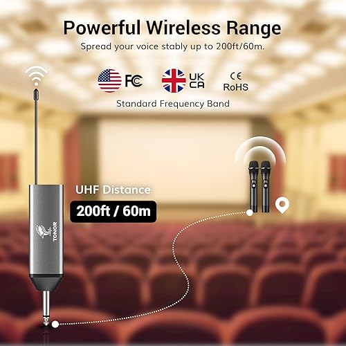 Miniatura 3 de TONOR Micrófono inalámbrico, UHF Dual Wireless Metal Dynamic Mic System con receptor recargable (negro)