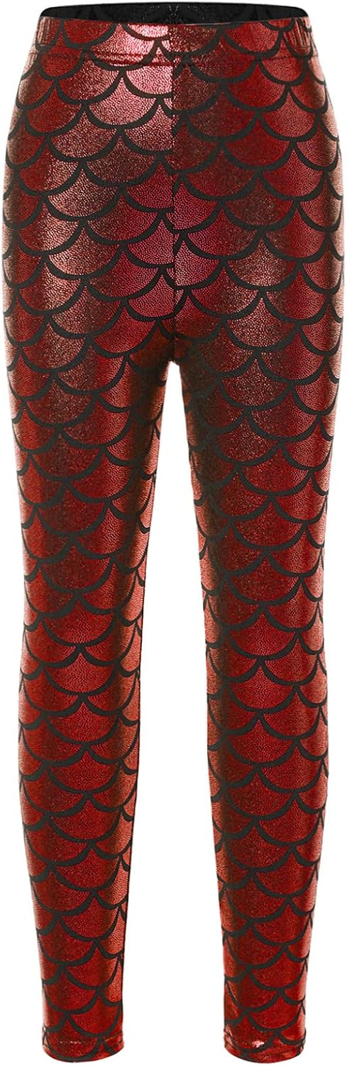 Kids Girls Ankle Length Shiny Mermaid Leggings Party Costume Fish Scale Printed Dance Pants Cropped Capris