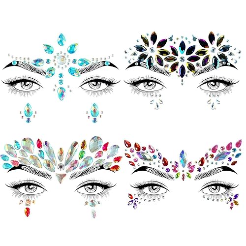 Allruyee 4 juegos de joyas para la cara, gemas de sirena con purpurina de cristal, calcomanías de cristal impermeables para ojos, tatuajes