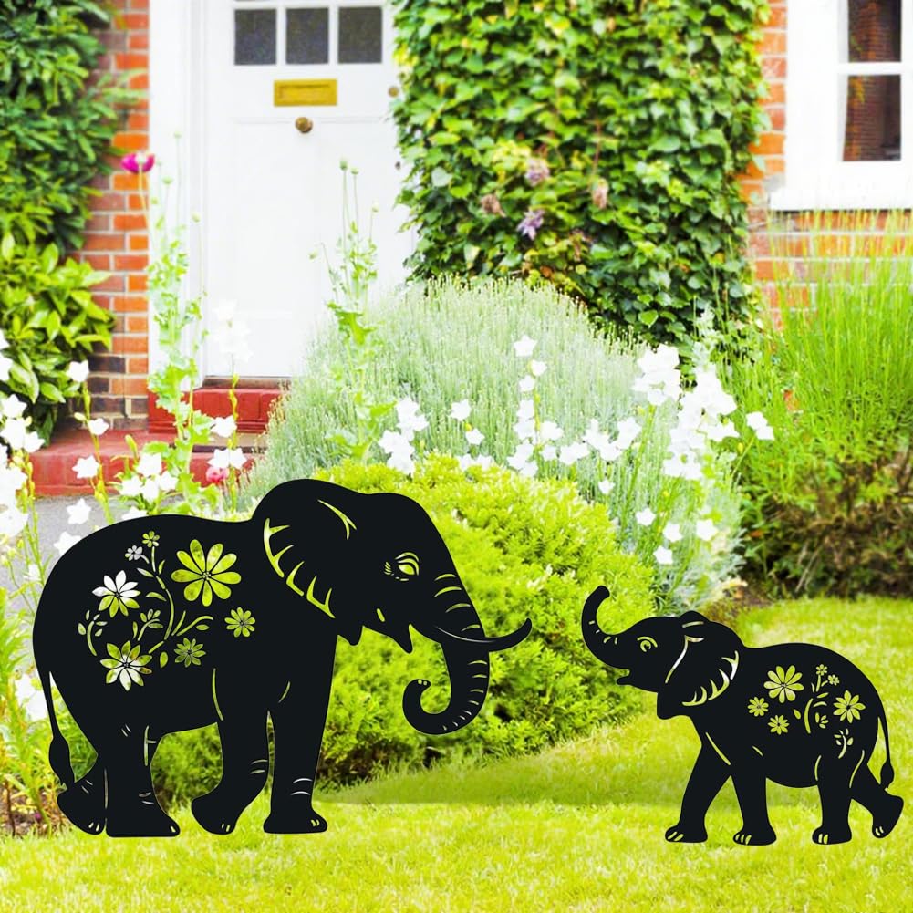 Elephant Metal Garden Stakes Decorative,2 Pack Black Elephant Silhouette Statues,for Yard, Garden, Lawn Outdoor Decorations.Elephant Lovers Gifts. (Black elephant A)