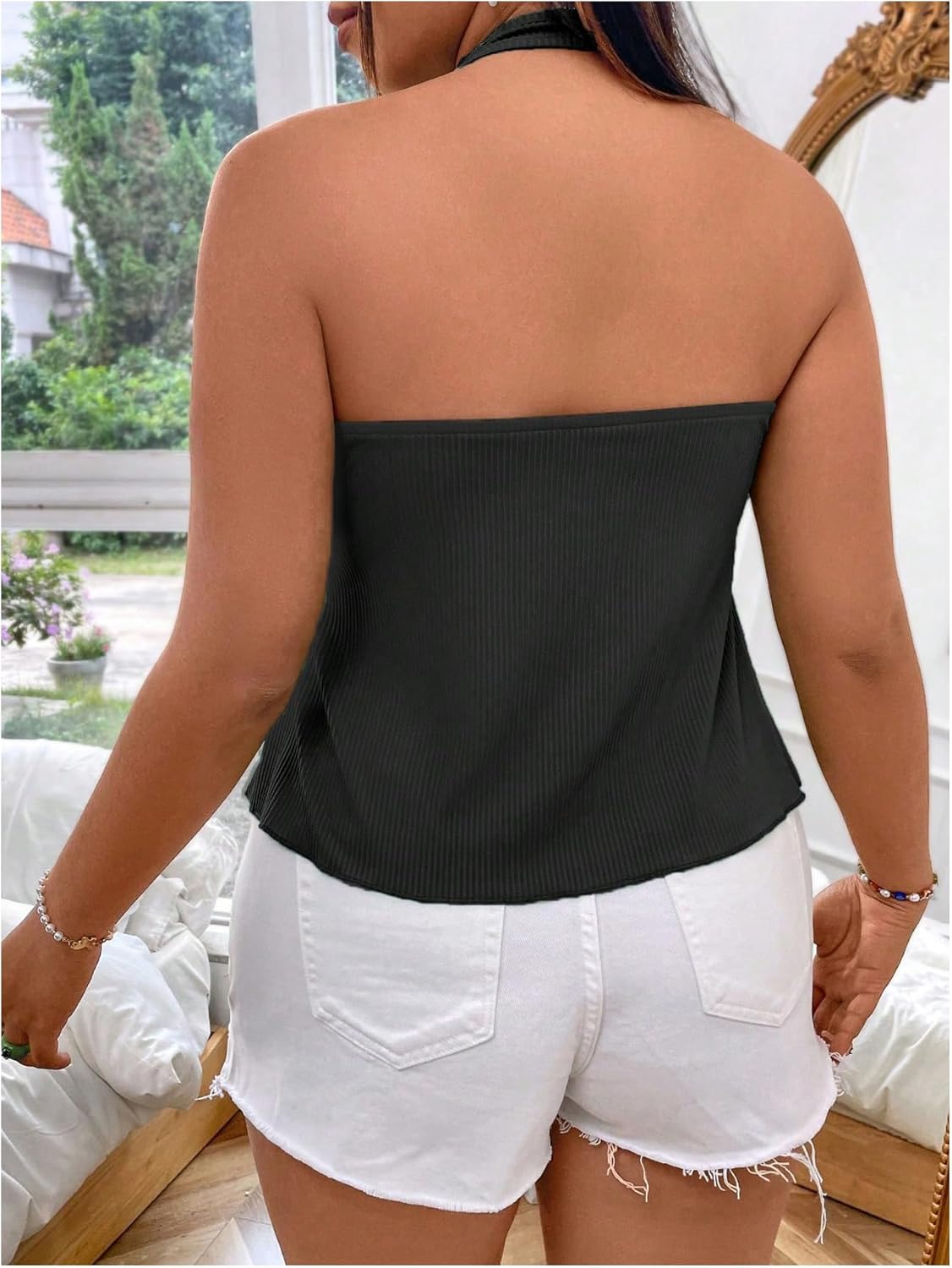 SOLY HUX Women's Plus Size Tops Halter Deep V Neck Tie Front Split Summer Top - Image 2