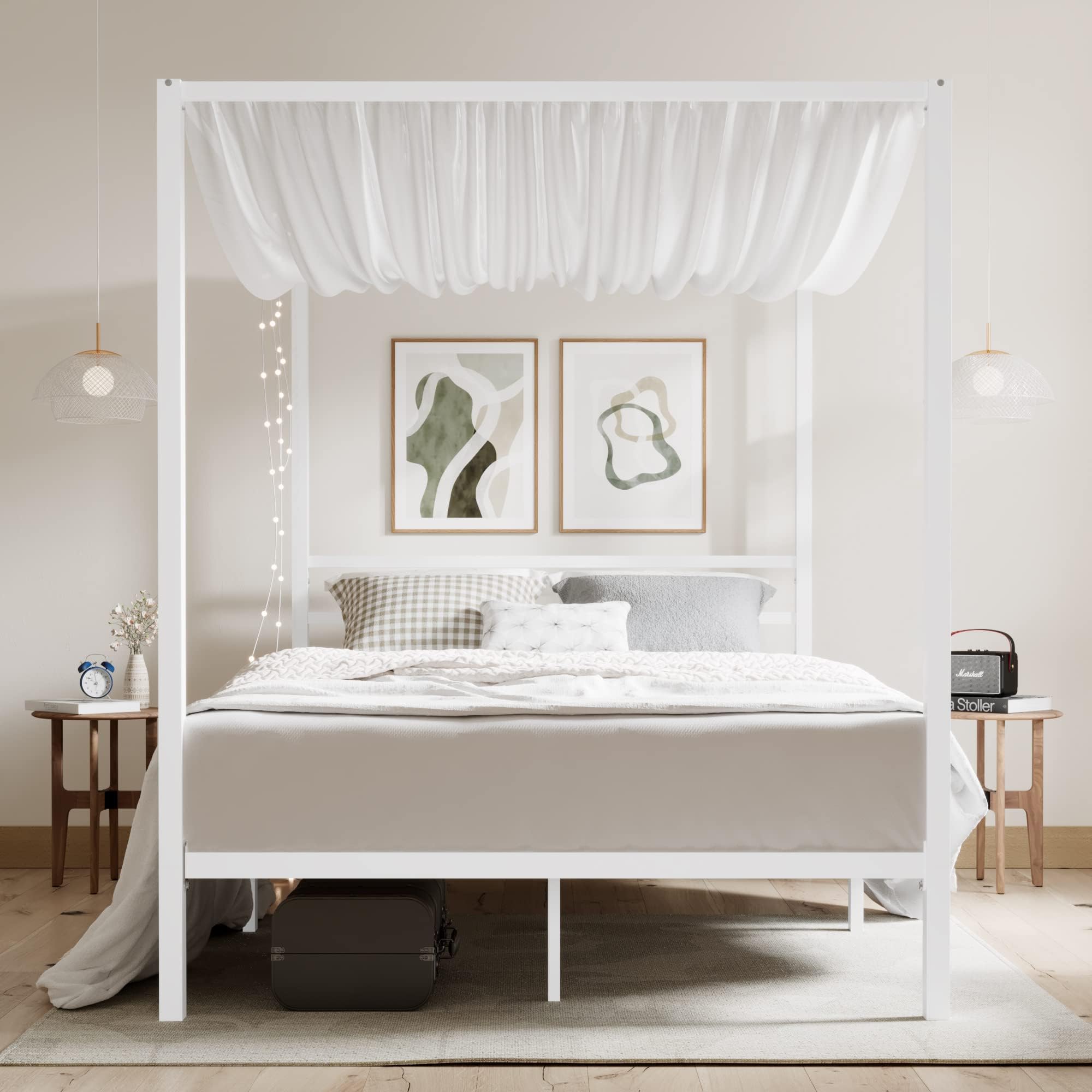 ikalido Queen Size Metal Canopy Bed Frame, Modern Four-Poster Platform Bed Frame, Mattress Foundation with Metal Slat Support/Under-Bed Storage Space/No Box Spring Needed/White