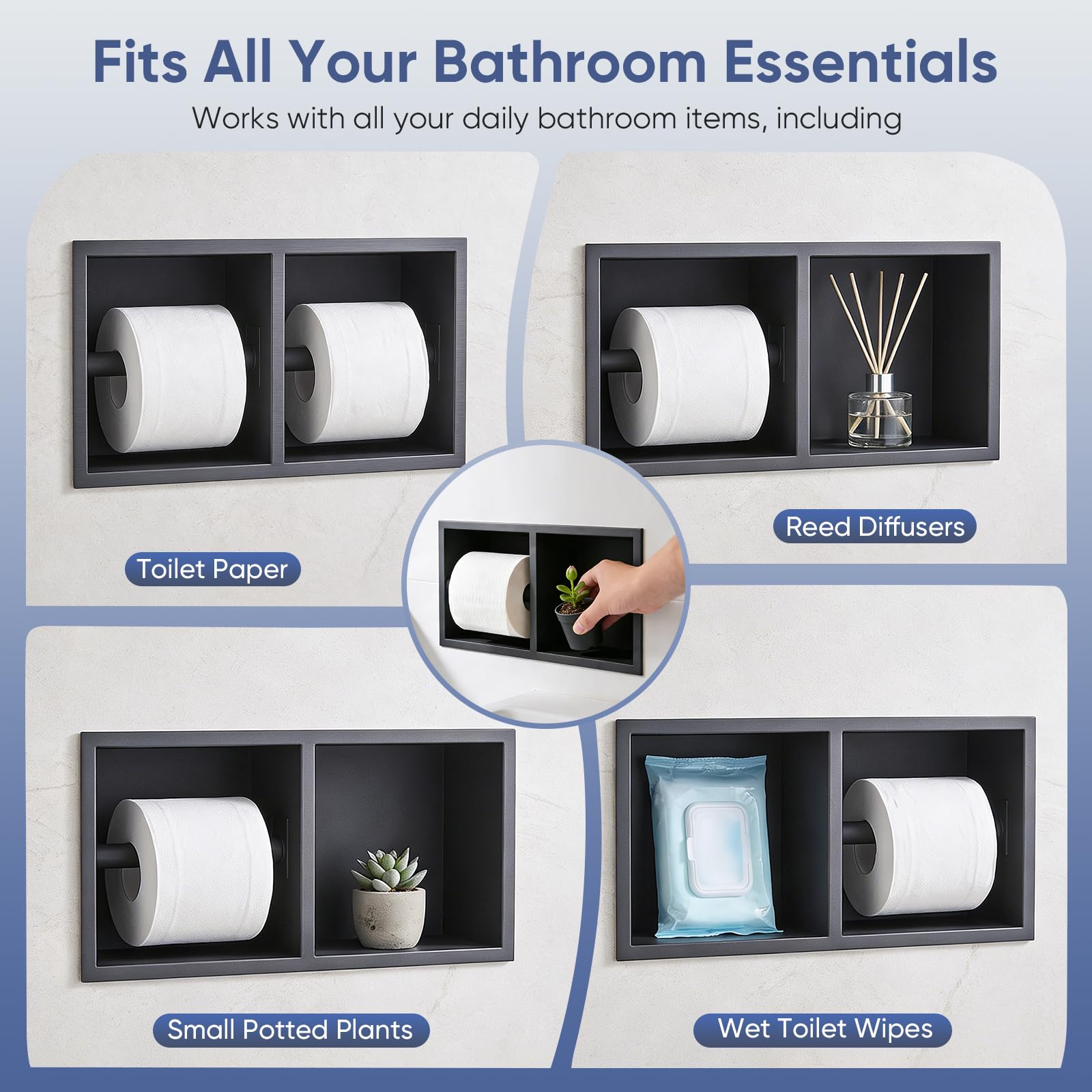 Portarrollos Papel Higiénico Empotrado, Acero Inoxidable 304 Portarrollos Grueso Mueble Baño Nicho Pared 31×15×10Cm con Borde Enrollado 1 Cm Estante Pared Papel Higiénico (Negro, A)