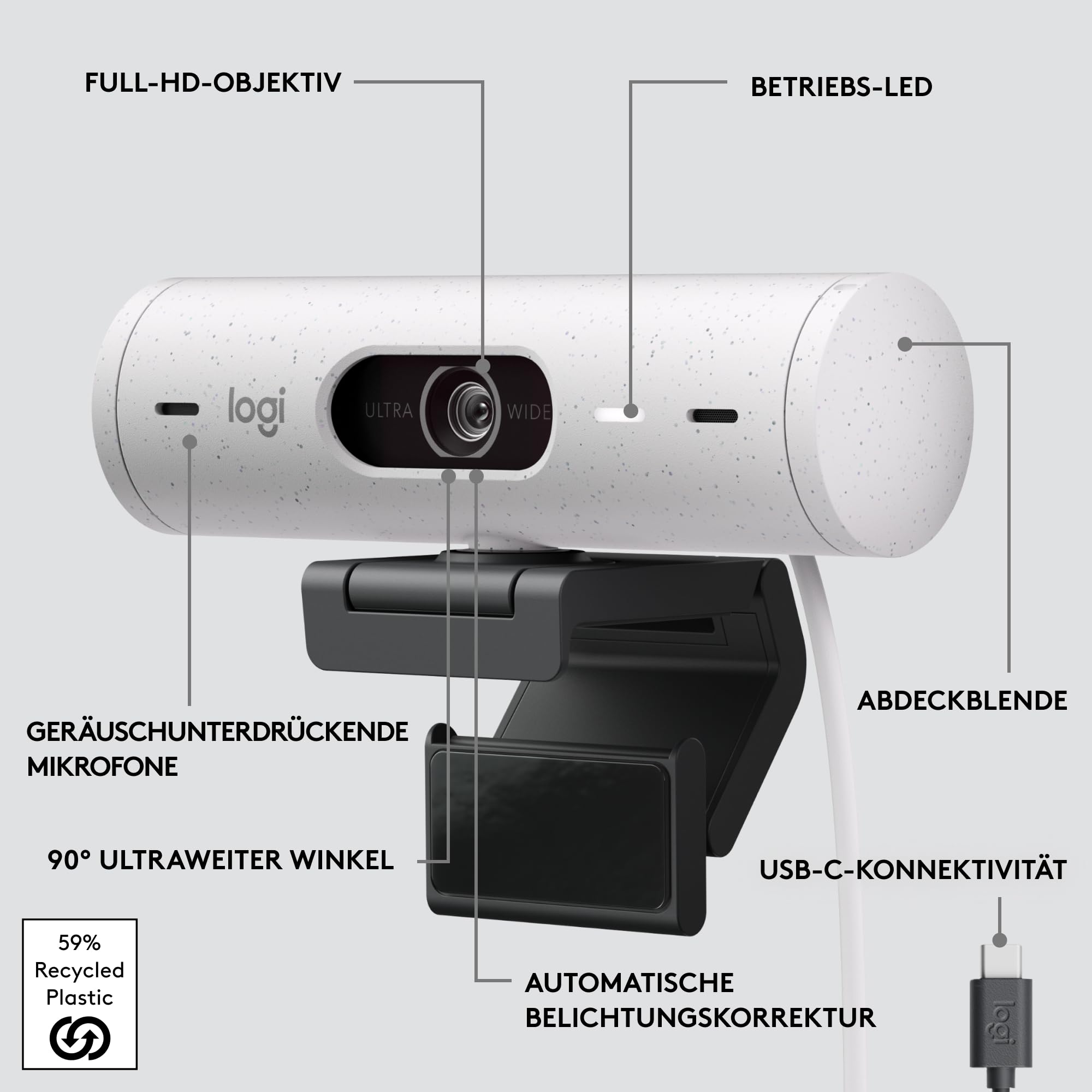 Logitech Brio 500 Full-HD-Webcam mit Auto-Lichtkorrektur, Zeigemodus, Doppelmikrofon + Rauschunterdrückung, Webcam-Abdeckung, für Microsoft Teams, Google Meet, Zoom, USB-C-Kabel - Weiß