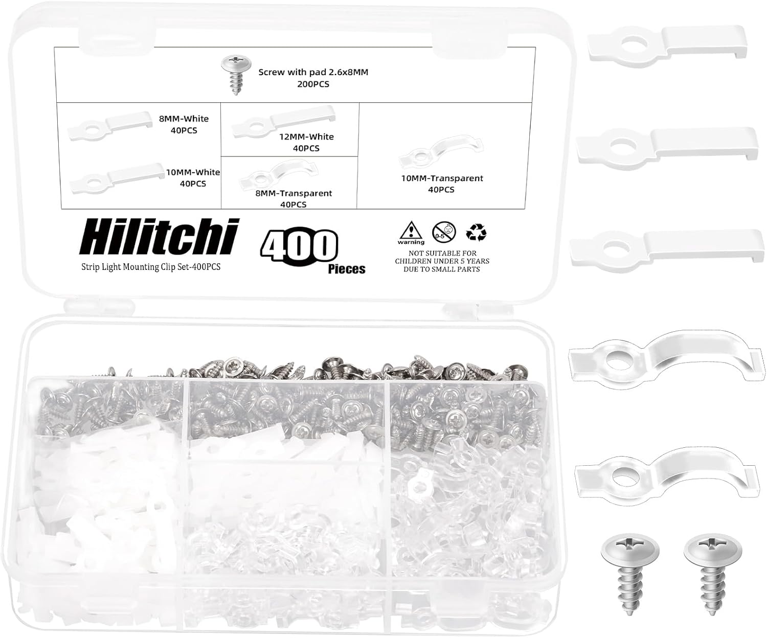 Hilitchi 400Pcs Strip Light Mounting Bracket Strip Light Holder Clip One-Side Fixing Clip with 200 Screws 8MM 10MM 12MM LED Strip Mounting Bracket for Waterproof Strip Lights (White Transparent Color)