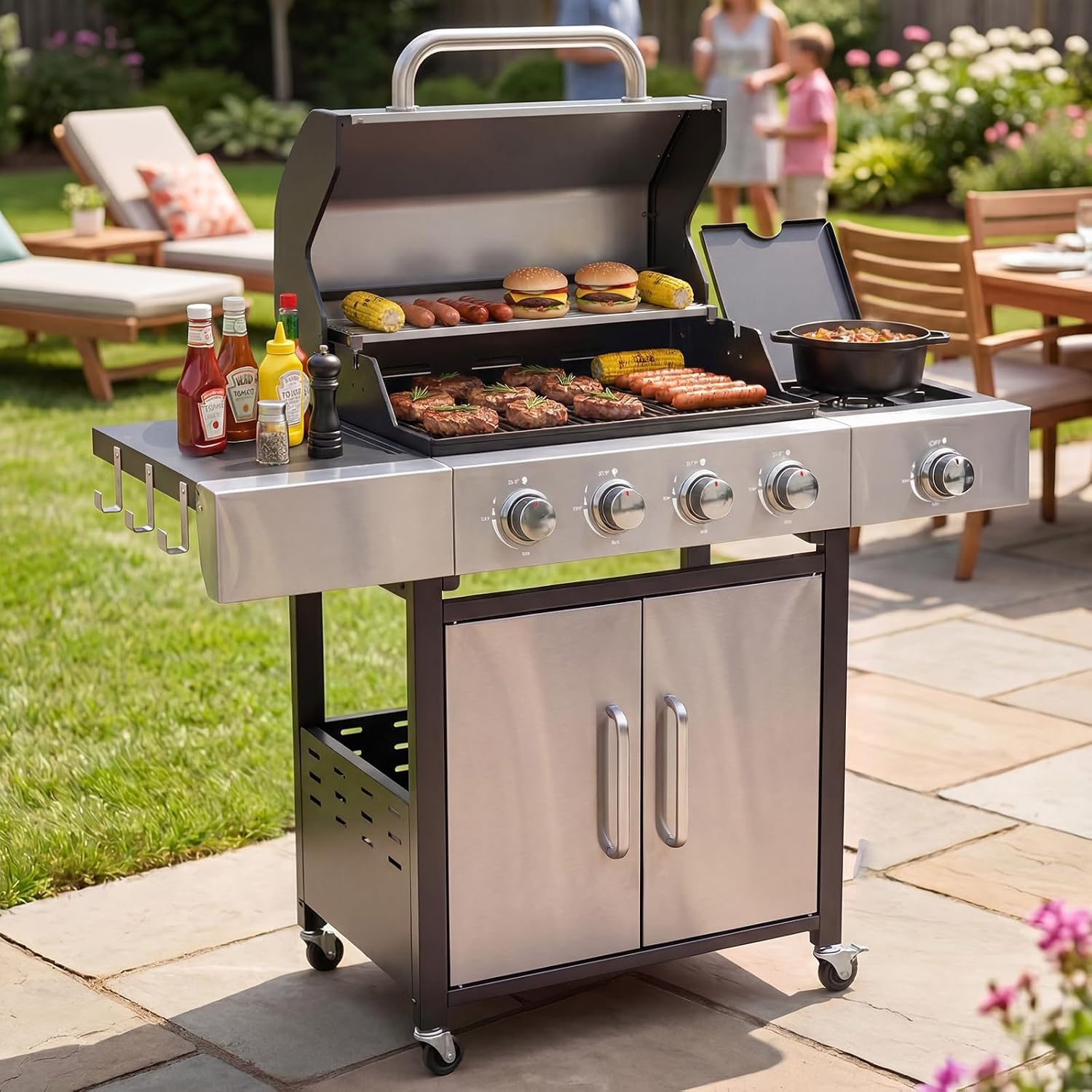 Aoxun 4-Burner 49000 BTU Propane Grill with Side Burner, Black &amp; Silvery
