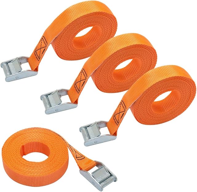 Amazon Basics Lashing Strap, 6 m Long, 25 mm Wide,  Load Capacity 150 kg, DIN EN 12195-2 Passed - Orange (4-Pack)