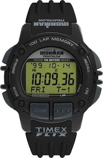 Timex Mens Ironman Triathlon Flex 100 Lap 42mm Watch, Black/Digital Neg Display , Modern
