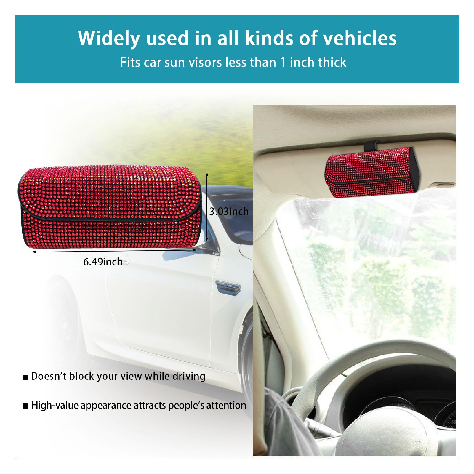 Augeny Bling Sunglasses Holder for Car Sun Visor, Sparkling Auto Visor Eyeglasses Protective Box with Magnetic Closure, Vehicle Glasses Storage Organizer Case for Trucks, SUVs, RVs (Red)