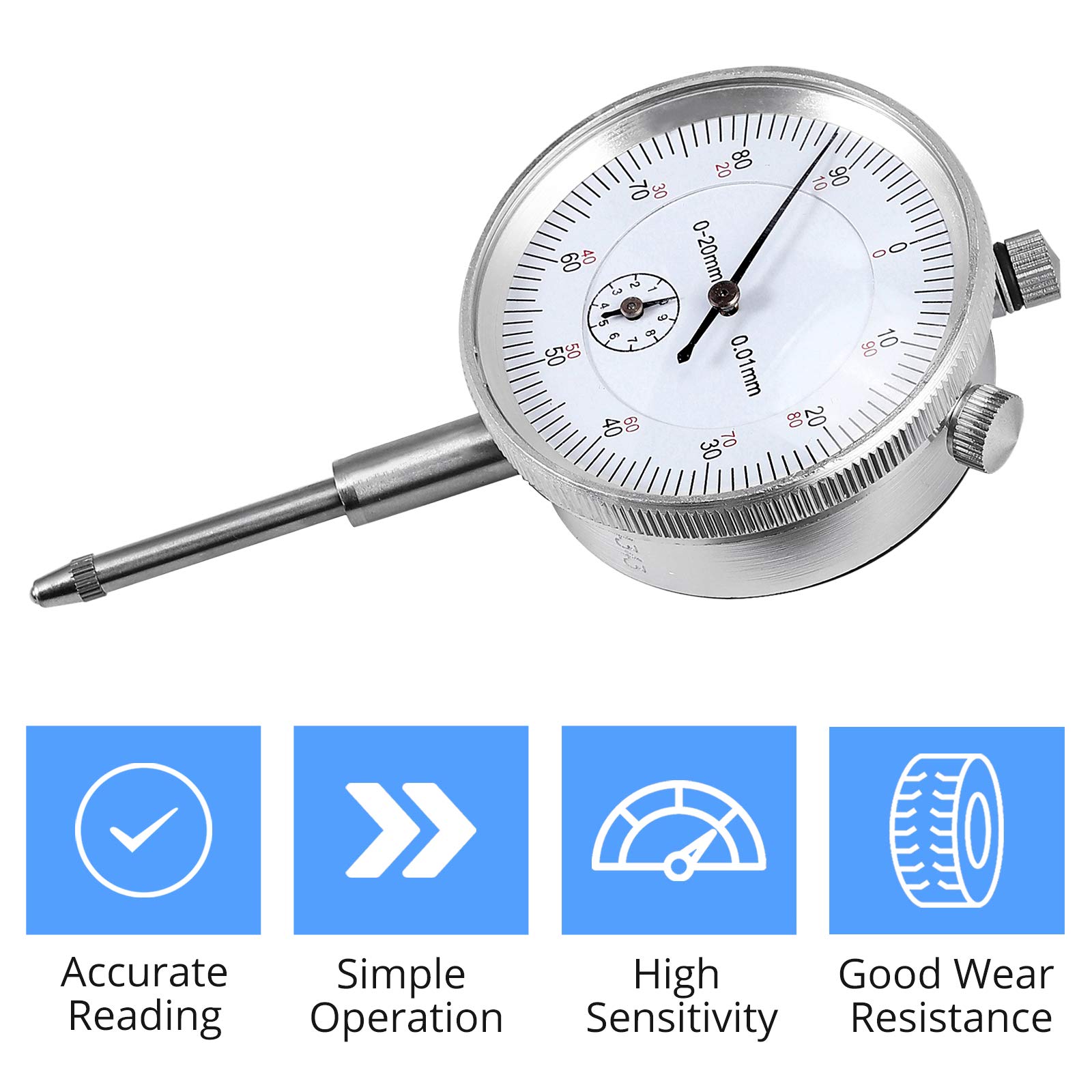 CAMWAY Dial Indicator, 020 mm Range Dial Test Indicator with Portable