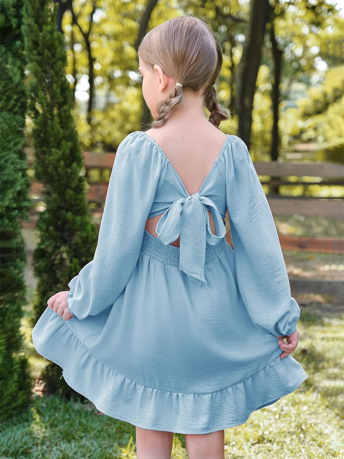 Batermoon Girls Long Sleeve Tie Back Dress Kids Fall Square Neck A-Line Mini Dresses 5-14 Years - Image 3