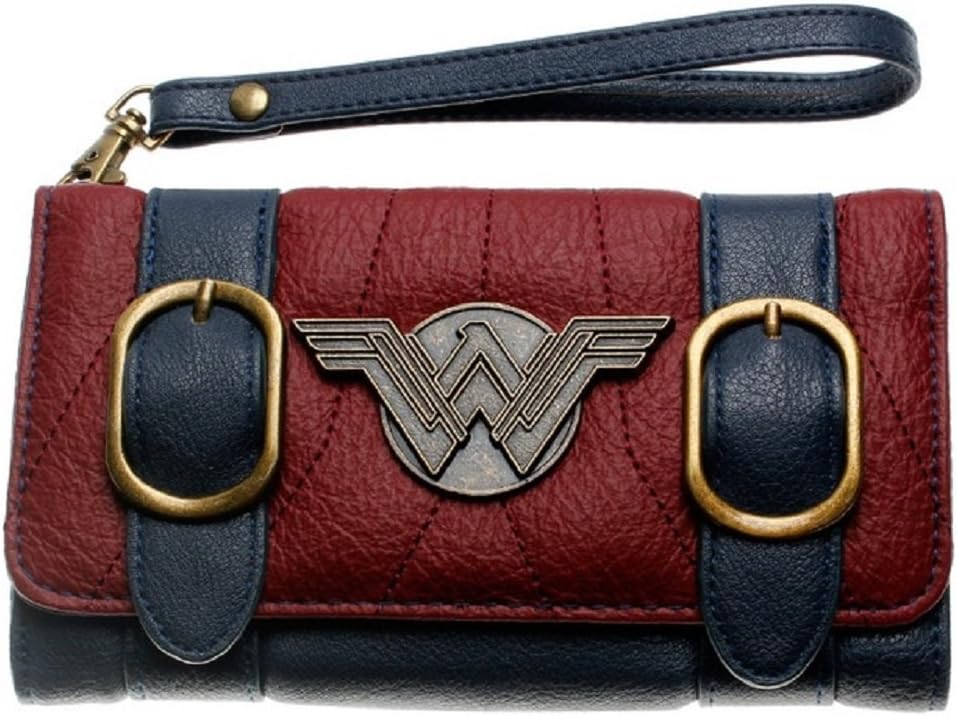 Wonder Woman Women's Classic Red Leather Tri-Fold Wallet with Detachable Strap and Buckle Closure