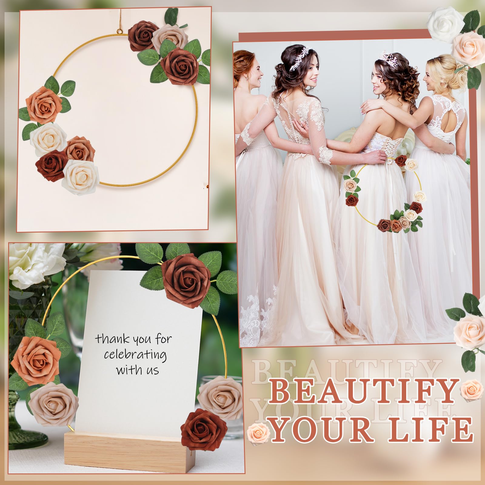 Yaomiao 24 Set 12 Inch Metal Floral Hoop Centerpiece with LED Light String Wooden Stands Gold Metal Rings for Crafts DIY Art Flower Wreath Wedding Table (Shades of Burnt Orange)