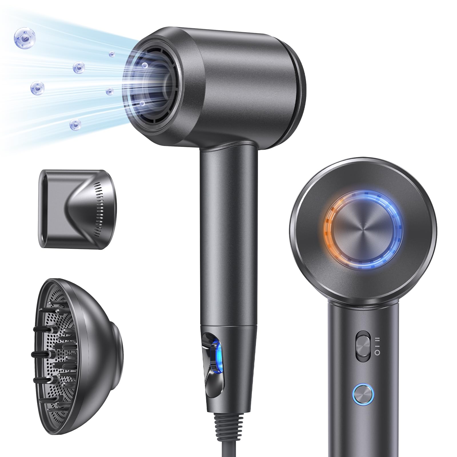 llano Secador de Pelo Iónico Secador Rápido con Difusor 1800W, 19m/s Velocidad del Viento, 100 Millones de Iones Negativos, 5 Ajustes de Calor y 2 Velocidades (Gris)
