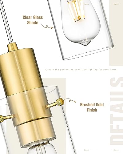 Miniatura 3 de Emak Lámpara colgante de oro cepillado, 1 luz mini colgante con pantalla de vidrio transparente, luces colgantes modernas para dormitorio, isla de