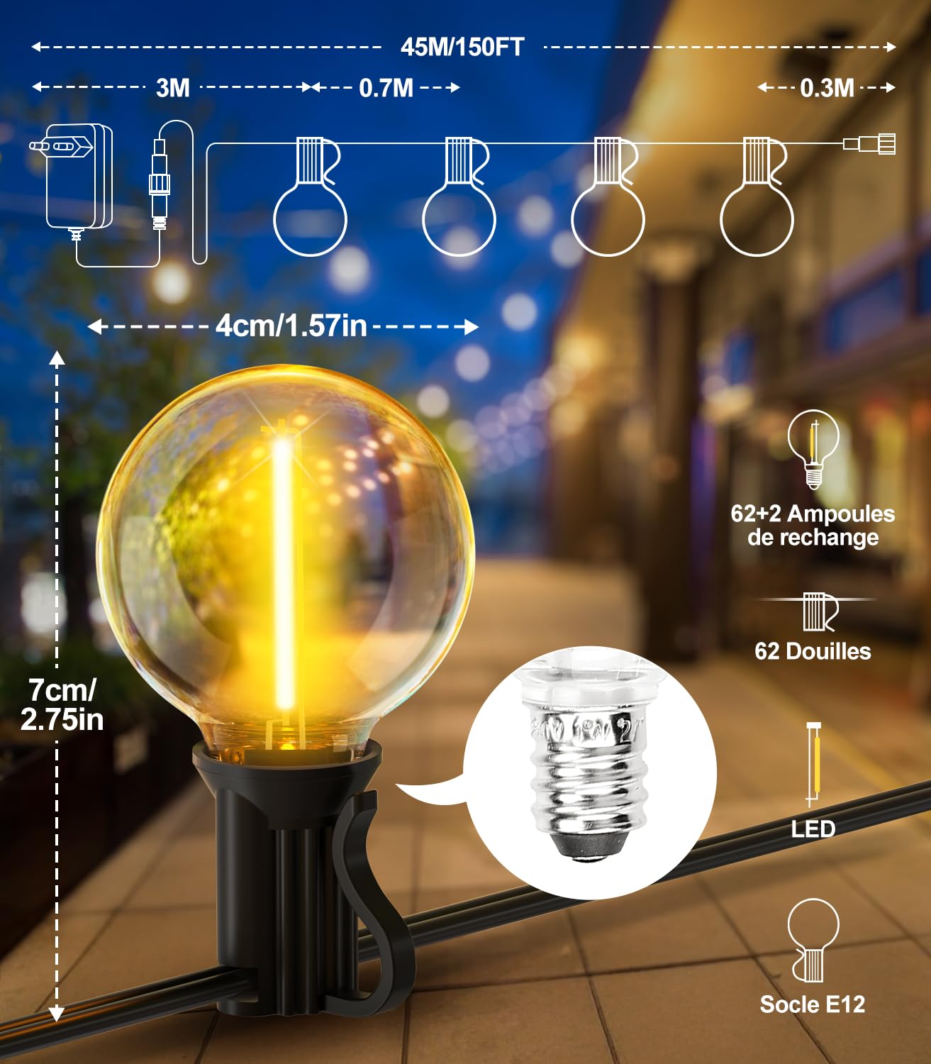 Guirlande Lumineuse Guinguette Exterieur Led 45M Guirlandes Guinguette Lumineuses Extérieur avec 62+2 Ampoules IP44 Étanche pour Jardin Terrasse Balcon Mariage