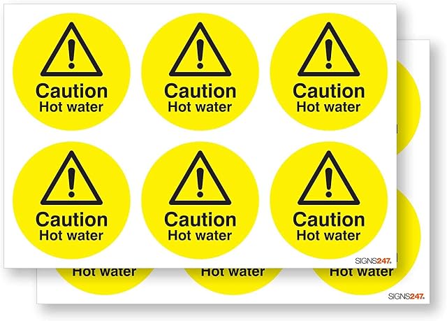 Caution Hot Water Safety Stickers Sign - 12 Pack Self Adhesive 65mm Diameter Vinyl Signs