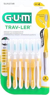 GUM Trav-Ler Plaque Removal-Tapered Interdental Brush -Yellow- Ergonomic Comfort Flex Handle-Removes upto 25% more plaque-Wire is Coated - Anti Bacterial Protection Bristles - Use Gently - 6 pcs