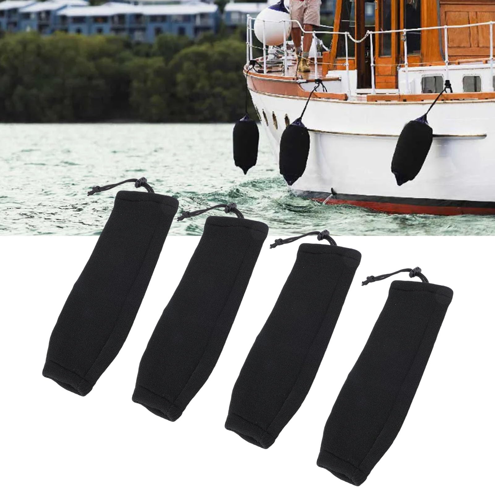 Fundas para defensas de Barco (Paquete de 4), de Fibra acrílica Negra, para defensas de Tubo de Doble Ojo y Cuerda Central, con Ajuste ceñido y protección Solar, 23 x 65 cm