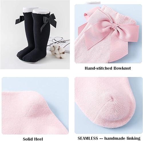 Miniatura 3 de Calcetines altos hasta la rodilla para bebés y niñas, con lazo, tubo con volantes, de algodón, calcetines largos para bebés y niños pequeños, 5 pares