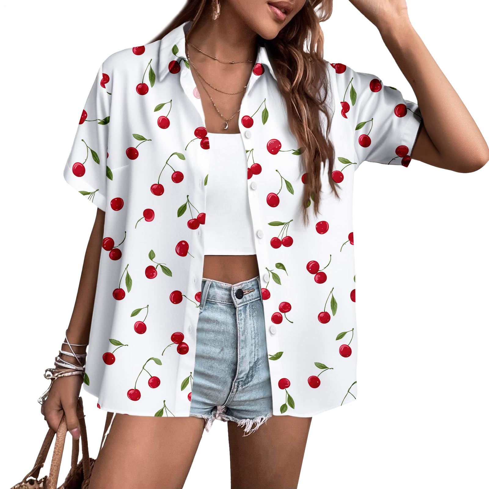 Women's Hawaiian Shirt | Casual Cherry Print Hawaiian Blouse for Women,Lapel Trendy Beach Vacation Daily Wear Top