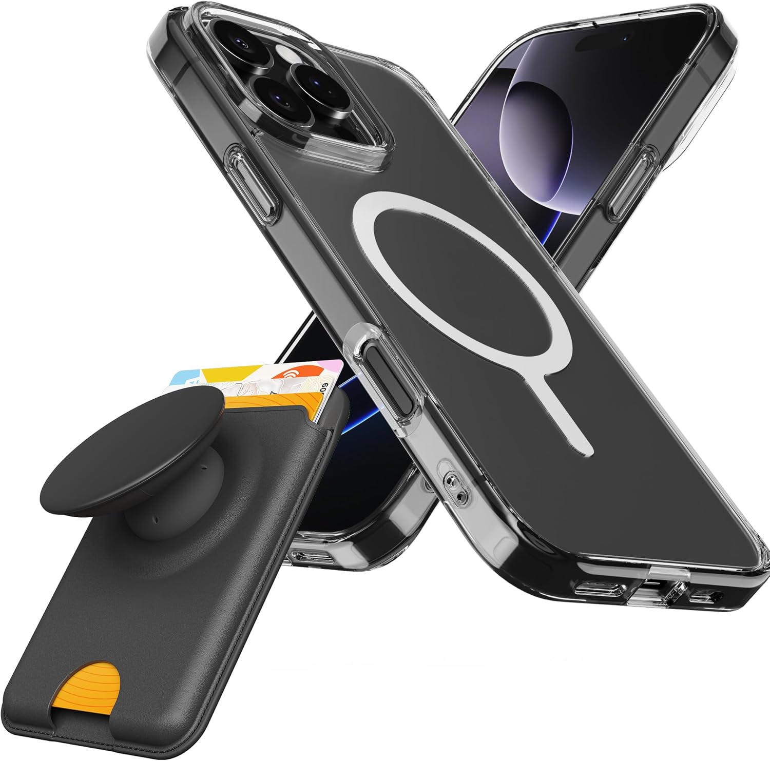 Sinjimoru for MagSafe Phone Grip, M-Tap Tok Wallet Black & iPhone 16 Pro Max Case Compatible with MagSafe, M-Airclo Basic