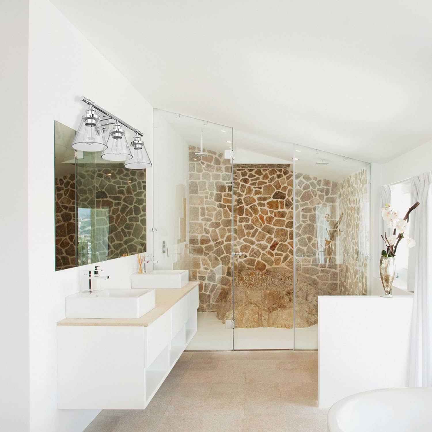 Globe Electric 51234 5-Piece All-in-One Bathroom Set, Chrome, 23" 3-Light Vanity Wall Light with Clear Glass Shades, Towel Bar and Ring, Robe Hook, Toilet Paper Holder, Beauty Room Accessories