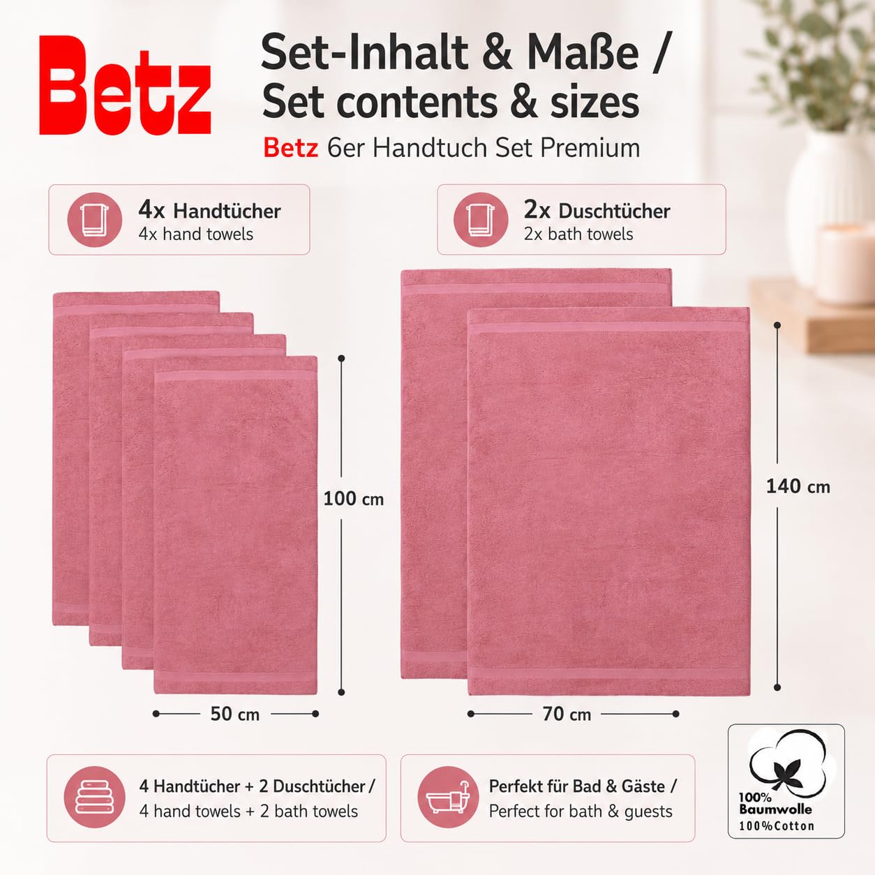 Betz Zestaw ręczników PREMIUM - 6-częściowy zestaw ręczników - 2 x ręczniki prysznicowe - 4 x ręczniki do rąk - 50 x 100 cm - stara róża
