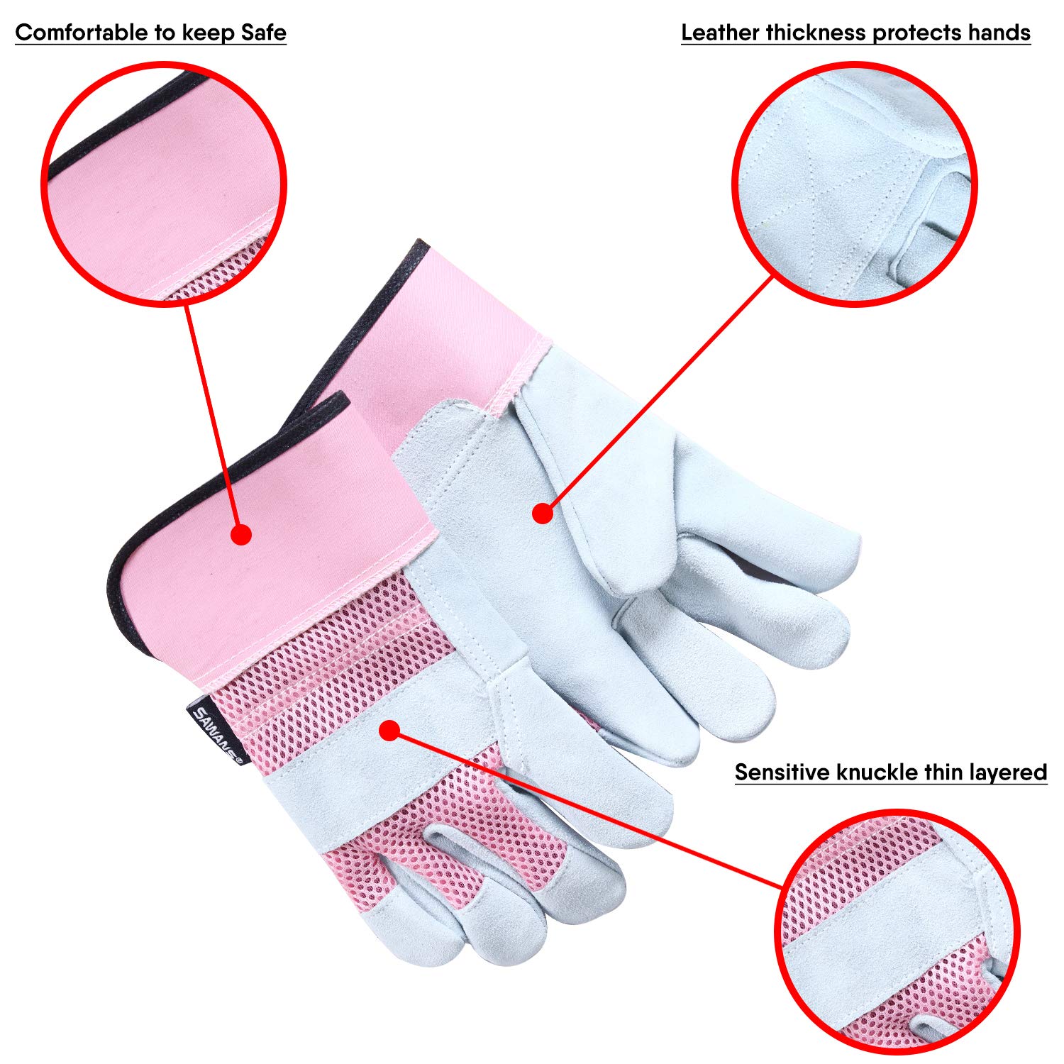 SAWANS Thorn Proof Work Gloves Heavy duty Leather Gardening Gloves for Ladies Women Durable Protective Garden Rigger Hand Utility Safety Men Kids Washable Gripper (Pink - Image 4