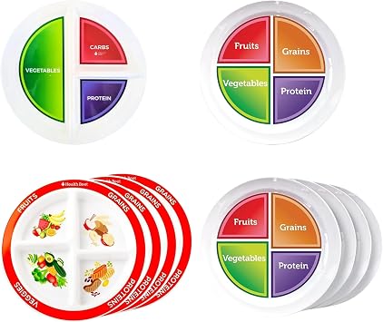 Health Beet Portion Control Plate Bundle - Set of 4 Plates for Adults & Kids - MyPlate & Macro Diet Plates - Dishwasher & Microwave Safe - Visual Meal Prep & Nutrition Tools