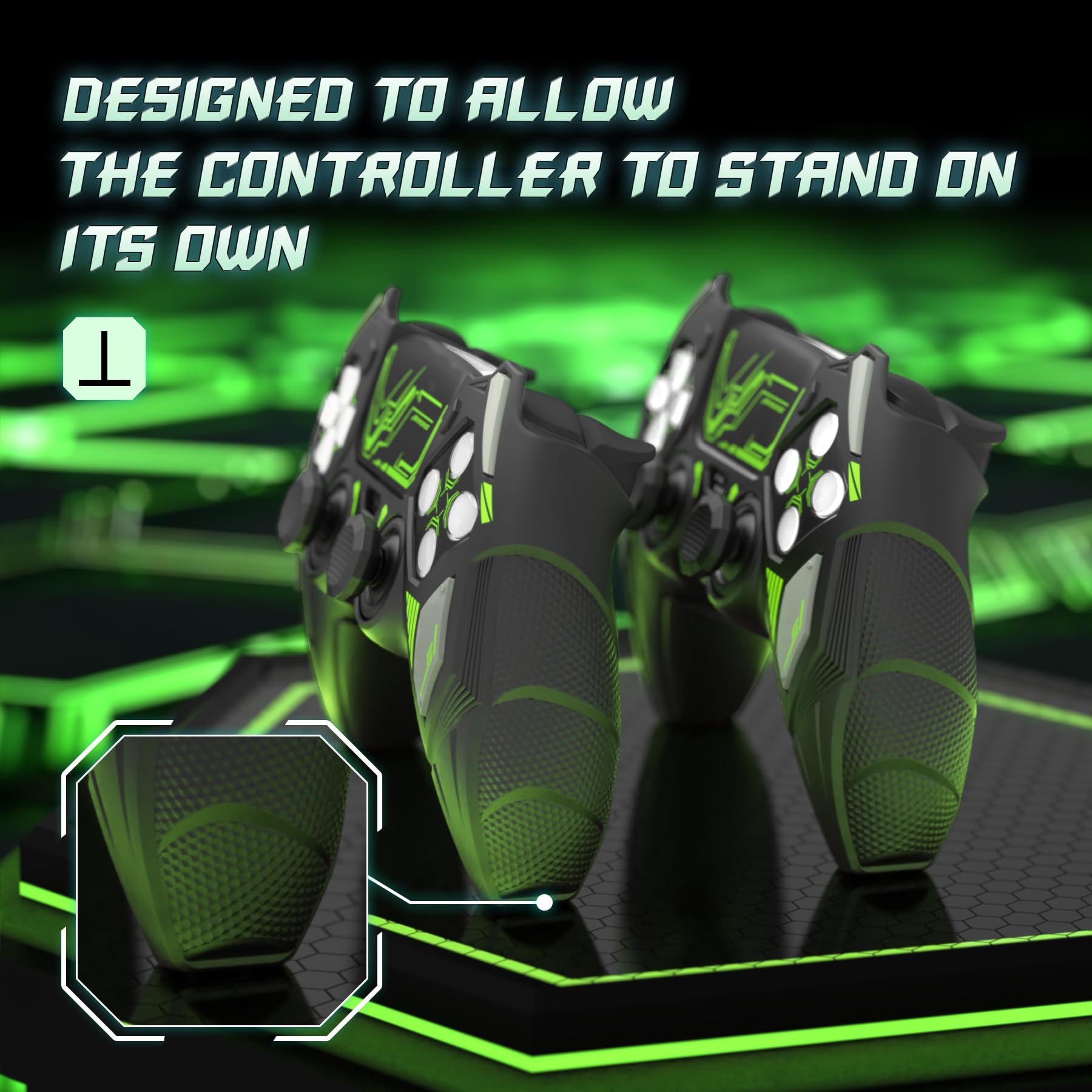 PlayVital Mecha Rhino Silikonhülle für PS5 Controller, Anti-Rutsch-Schutzhülle Case mit Thumb Grips und Aufklebern, Griffe Skin Zubehör für PS5 Wireless Controller Passend zur Ladestation-Schwarz&Grün