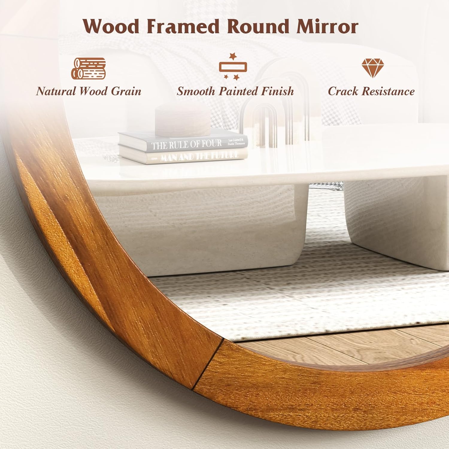 CHARMAID Farmhouse Wall Mirror - 27" Round Mirror with Solid Acacia Wood Frame, Rustic Wooden Vanity Mirror for Living Room, Bathroom, Bedroom, Entryway Wall Decor