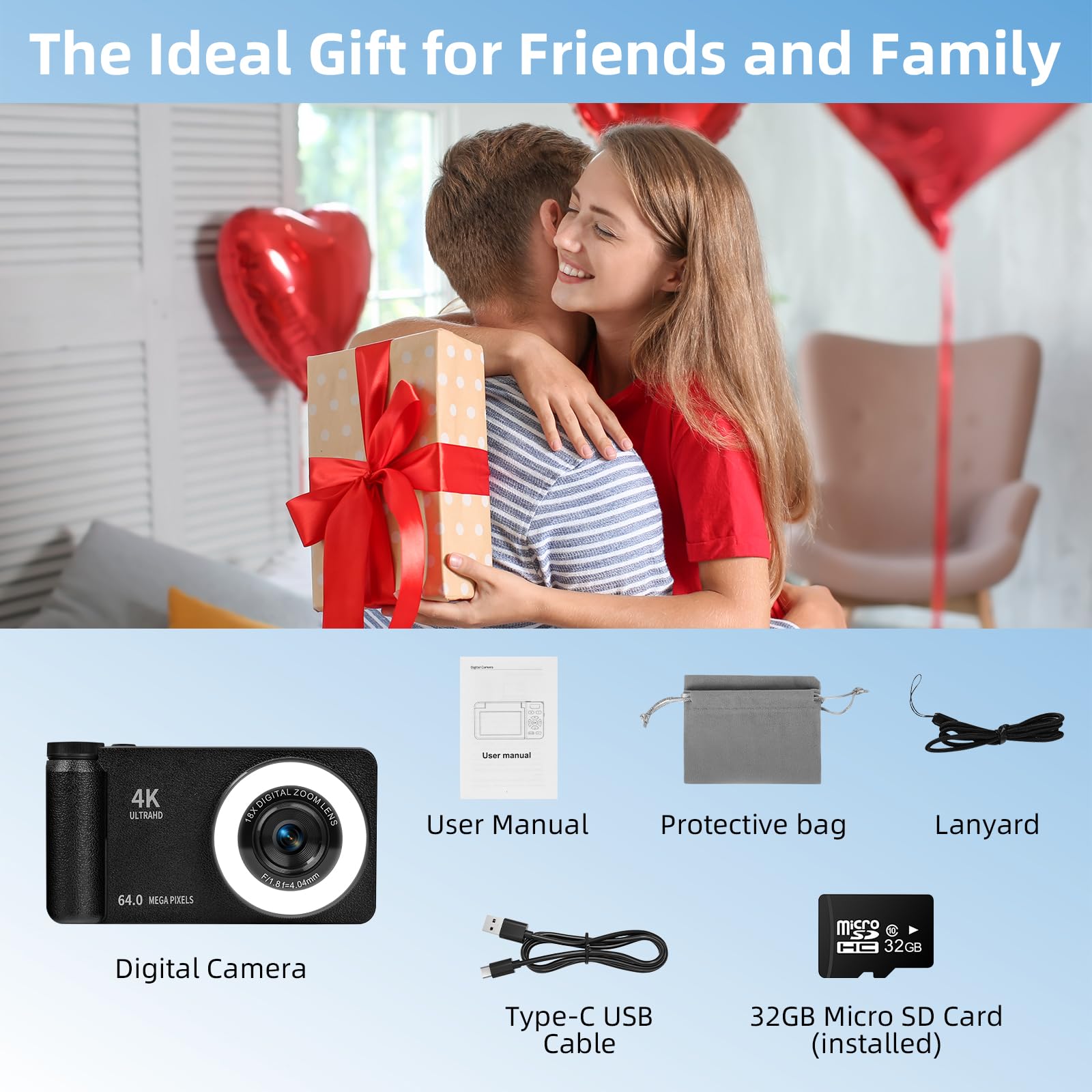 4K 64MP Digitalkamera mit Beauty Licht & Schönheitsmodus Autofokus Kamera Fotokamera Kompakte Vlogging Kamera 3 Zoll 180° Flip Bildschirm 18X Digitalzoom 20 Filter 32G Karte für Kinder Jugendliche