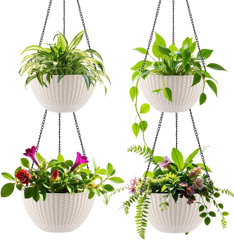 Hanging Planters 8 Inch & 10 Inch, 4 Pack Self Watering Baskets, White | Outdoor/Indoor Plants, Durable PP plastic, woven texture, metal chains, suitable for flower, herb, ideal for porch, garden