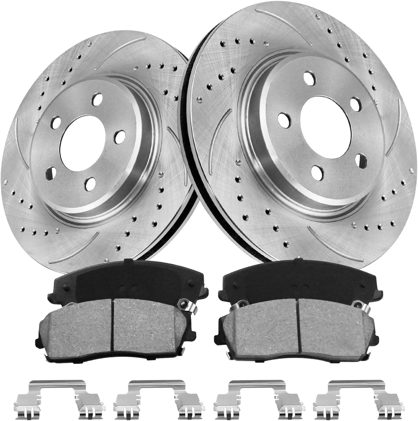 Front Brake Kit, Drilled & Slotted Brake Rotors and Pads Compatible with 2006-2023 Dodge Charger, 2009-2023 Dodge Challenger, 2005-2023 Chrysler 300, 320mm (12.6in) Brake Disc
