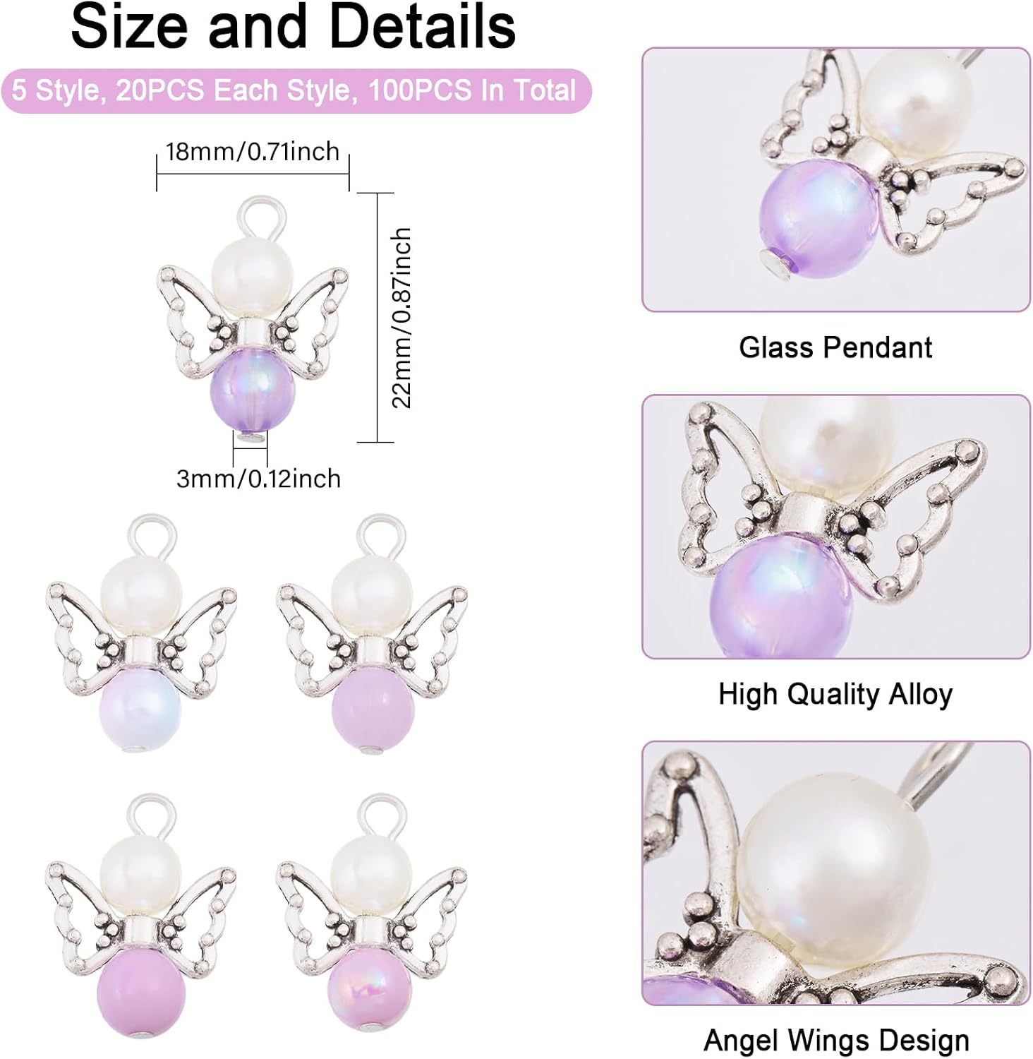 CHGCRAFT Angel Wing Charms Angel Pendant Beads Acrylic Alloy Pendant with Iron Findings Round Antique Silver Platinum Decorations for DIY Jewelry Making Necklace Keychain Crafts - Image 2