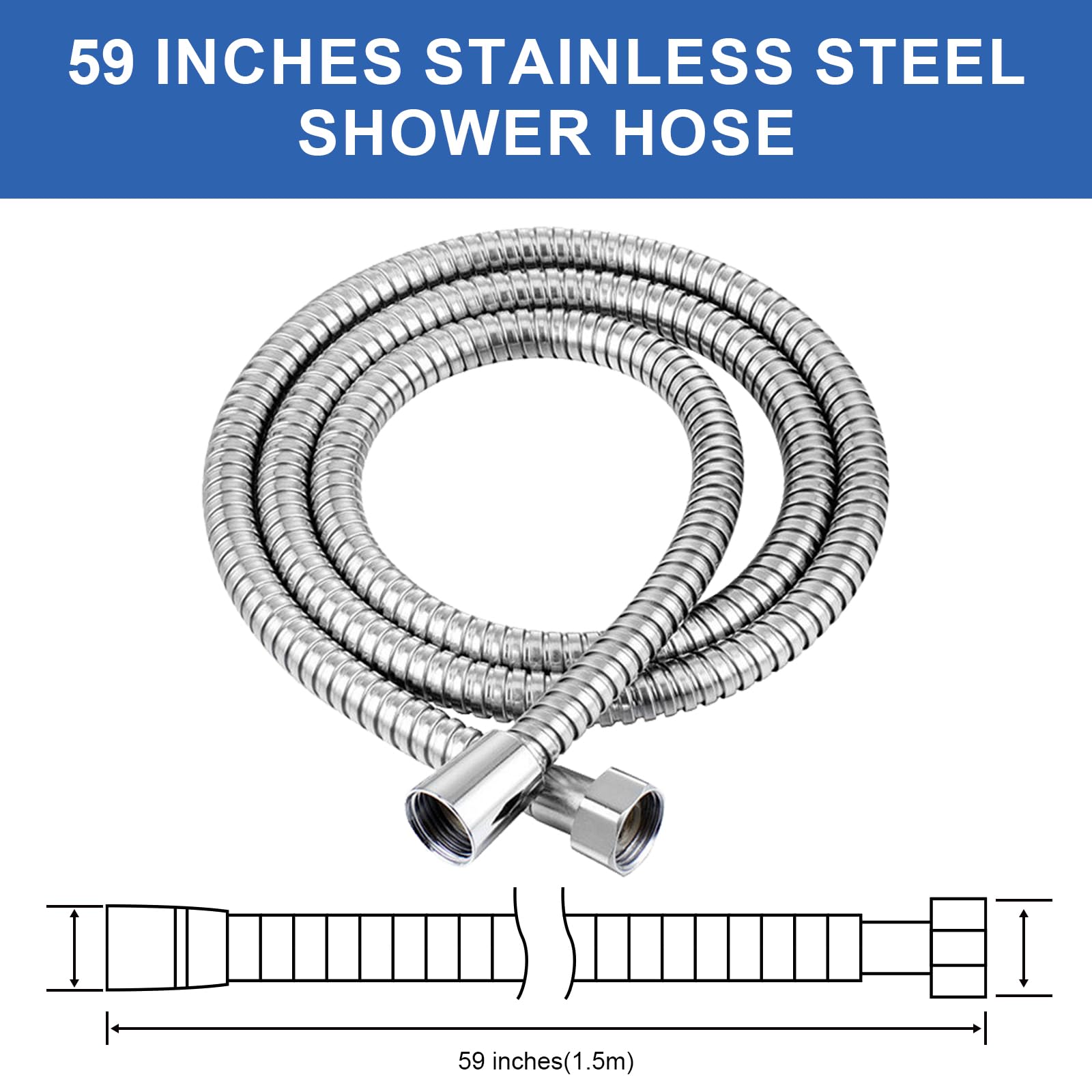 Manguera de ducha de 59 pulgadas, manguera de fregadero de acero inoxidable extra larga con manguera flexible de repuesto de manguera de ducha de mano con inserto de latón y tuerca, cromo