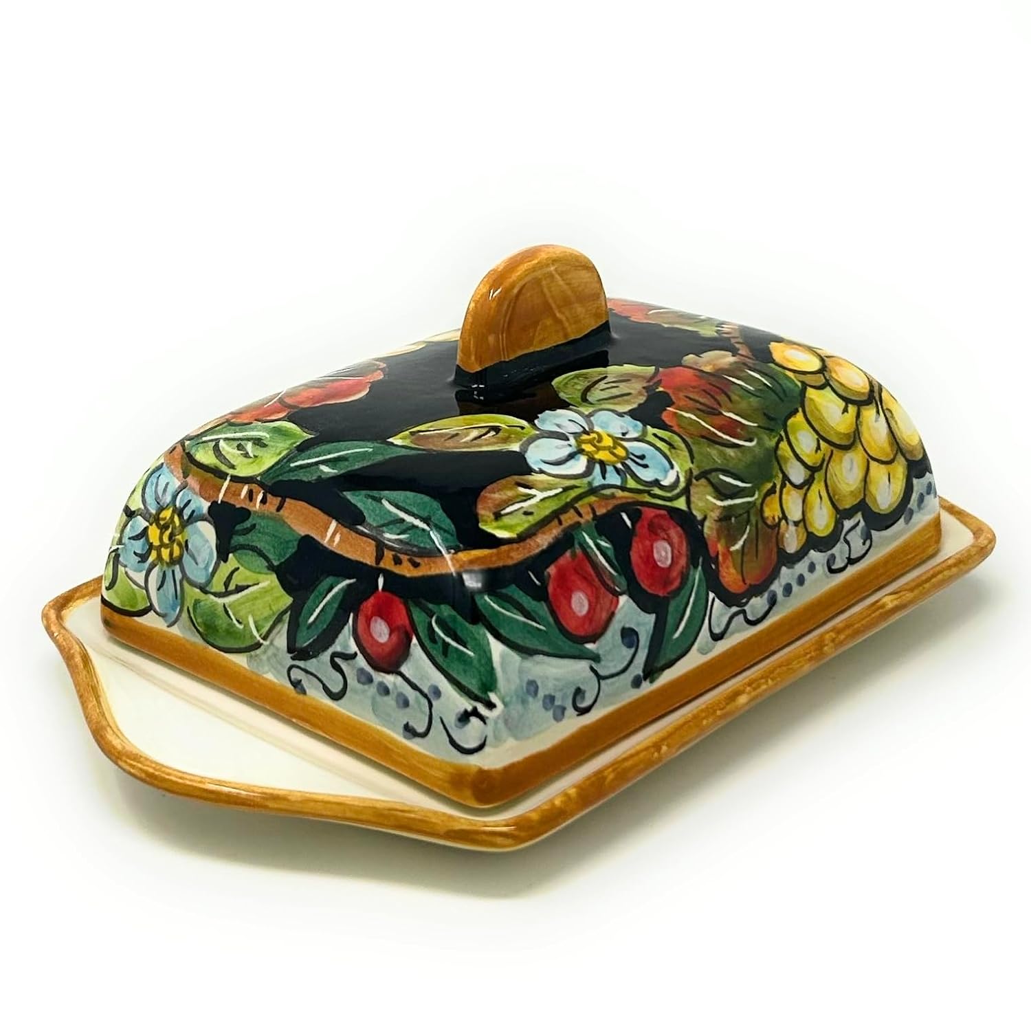 CERAMICHE D'ARTE PARRINI- Italian Ceramic Butter Dish Hand Painted Decorated Grape Made in ITALY Tuscan Art Pottery