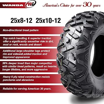 WANDA Set 4 ATV/UTV Tires 25X8-12 25X10-12 for 2002-2008 YAMAHA GRIZZLY 660 | POWER-TRAIL Series Classic Solid Non-Direction Lugs Cover All Terrains