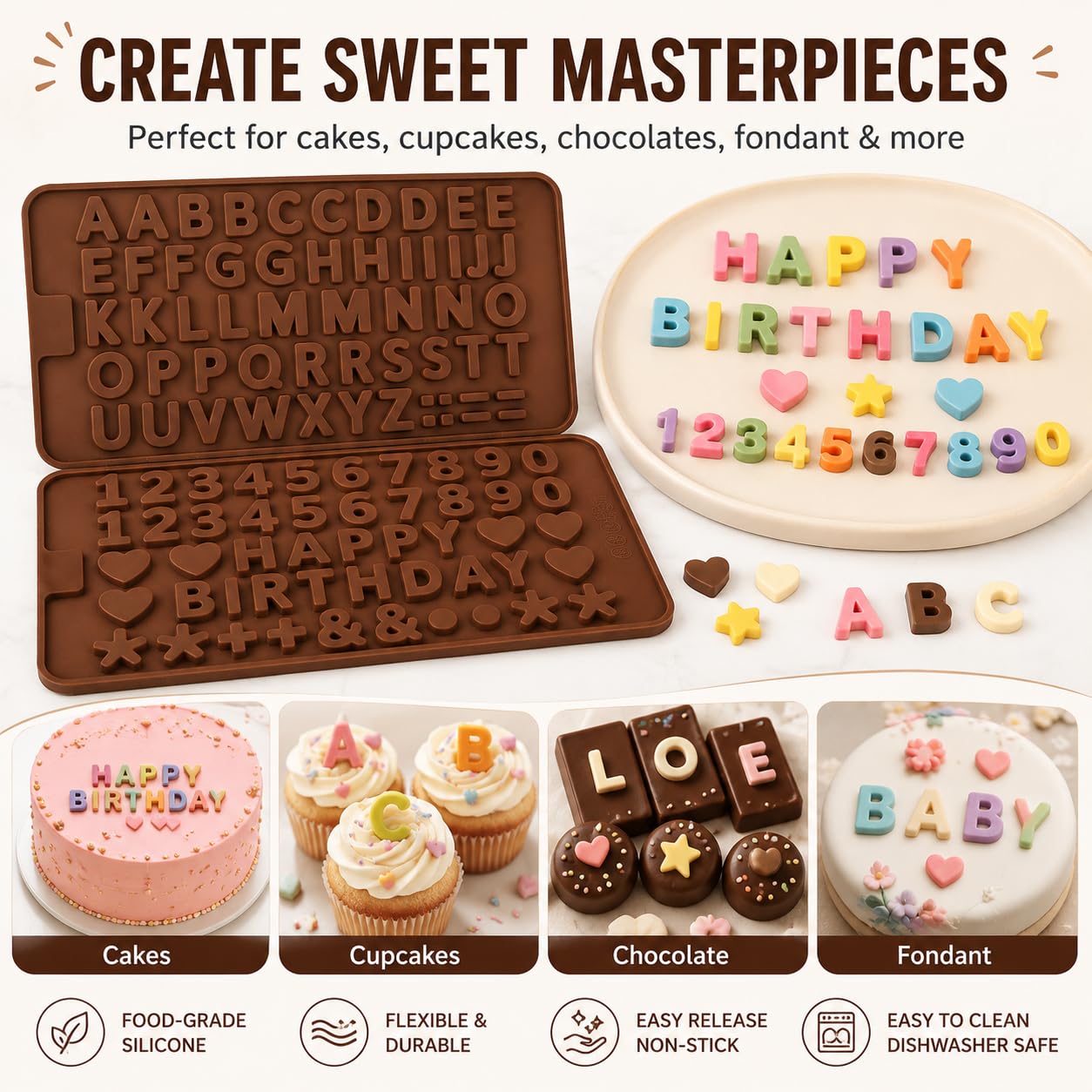 Paquete de 2 moldes de silicona con números de letras numéricos, para decoracion tarta y pasteles (número y alfabeto (2 unidades)