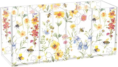 Miniatura 15 de CHIFIGNO Vintage Rose Flowers Acrylic Pen Holders 4 Compartments Pencil Pen Holder for Desk Makeup Brush Cup Cute Pen Containers for Home, School,