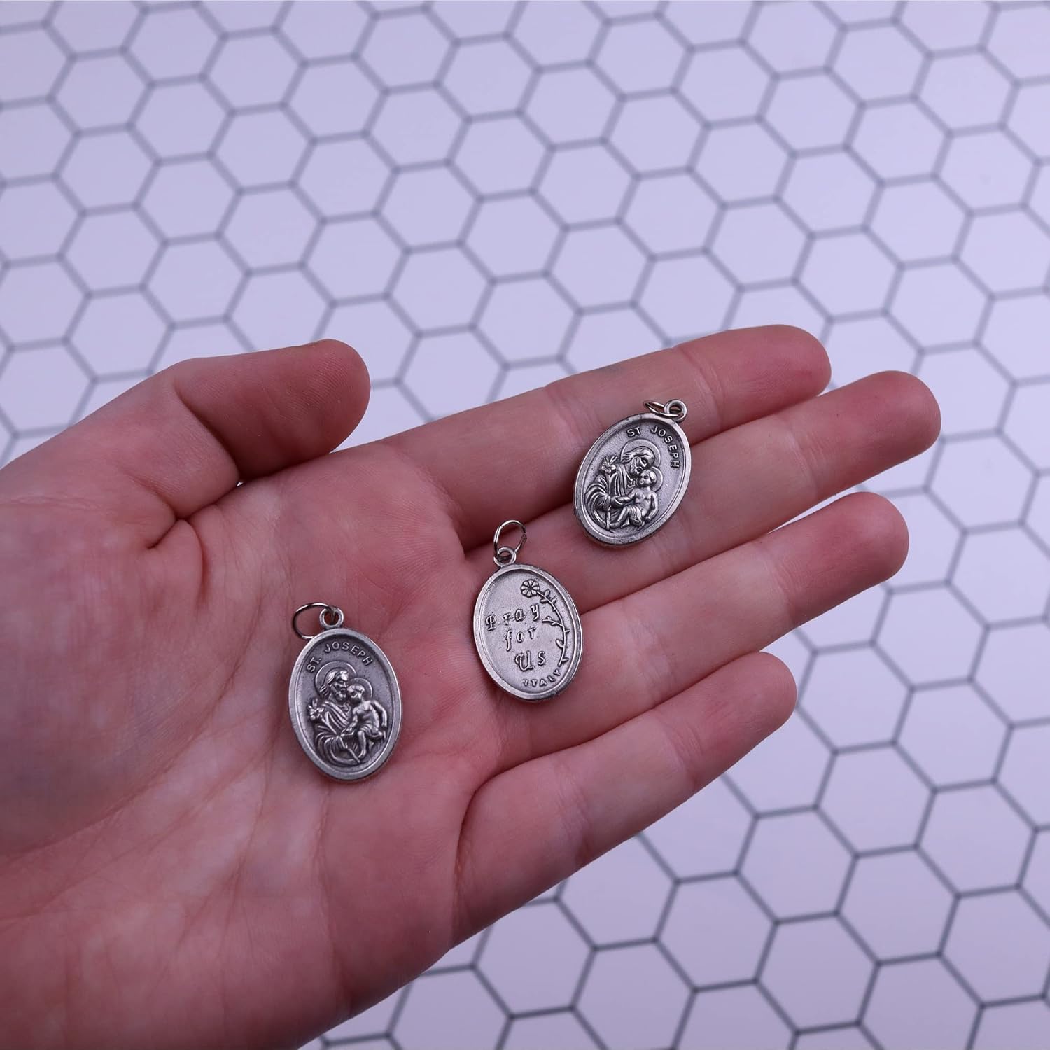 Needzo Saint Joseph Religious Medal, Pray For Us Devotional Charm for Fathers Gift, 1 Inch, (Pack of 3)