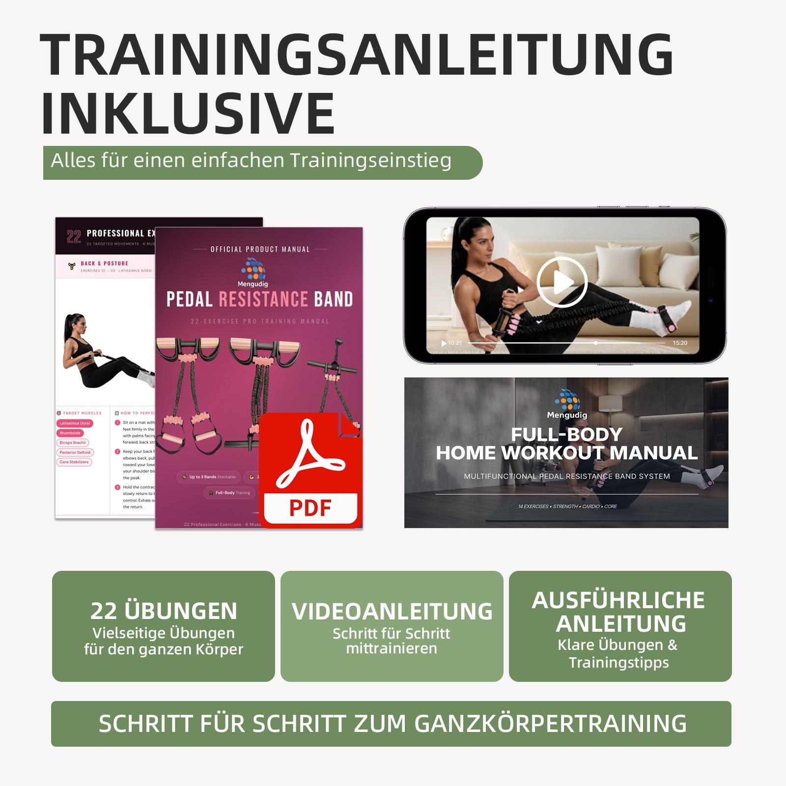 Pedal Widerstandsband mit Griff & Video-Guide | 20–60 kg einstellbar, 3 Bänder | für Bauch, Beine, Po & Reha-Training zuhause