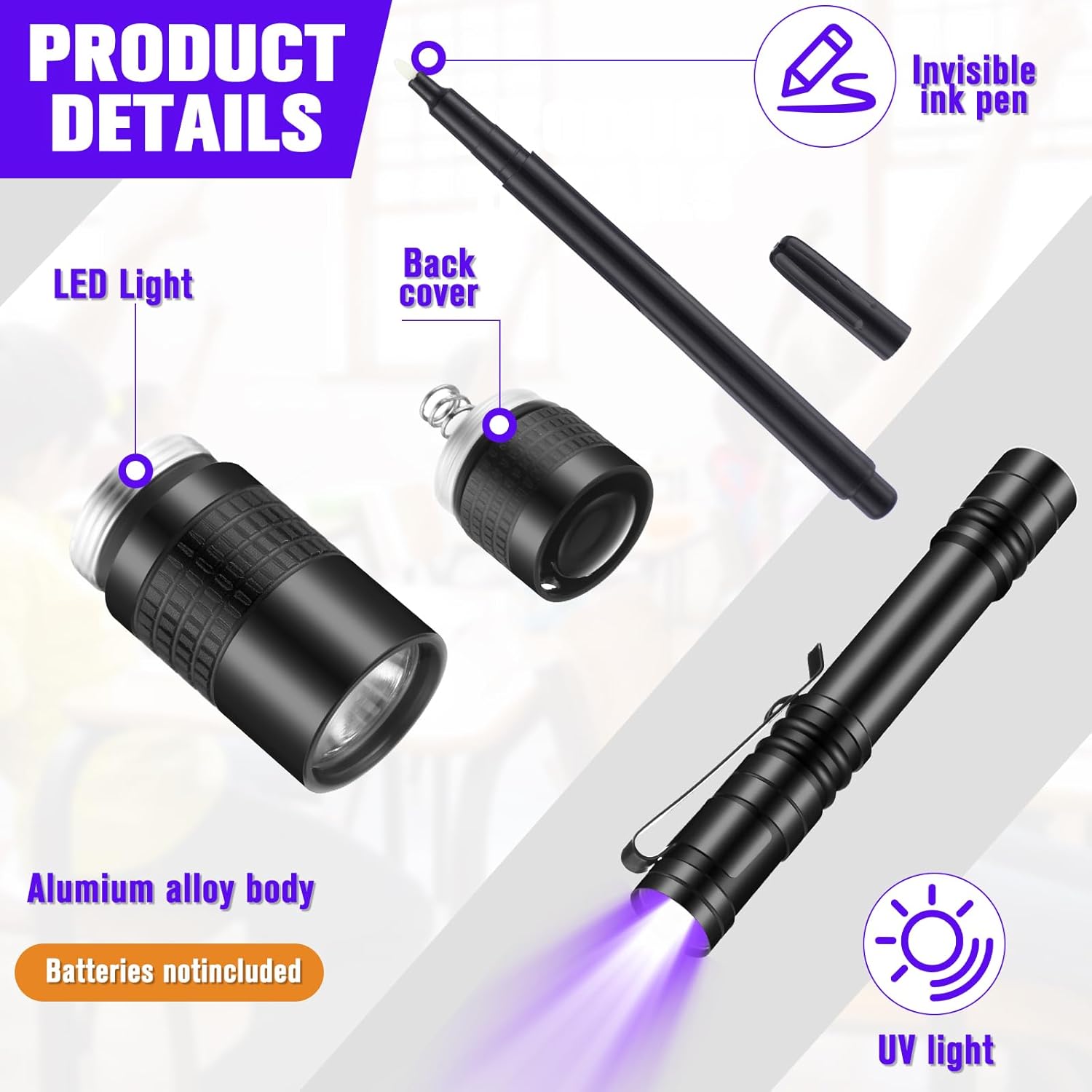 Tegeme 8 Pcs Black Light Markers Set 4 Invisible Ink Pen 4 Mini UV Flashlights Invisible Ink Marker Disappearing Pen for Spy Gadgets Secret Message Gift Party Favors(Black)
