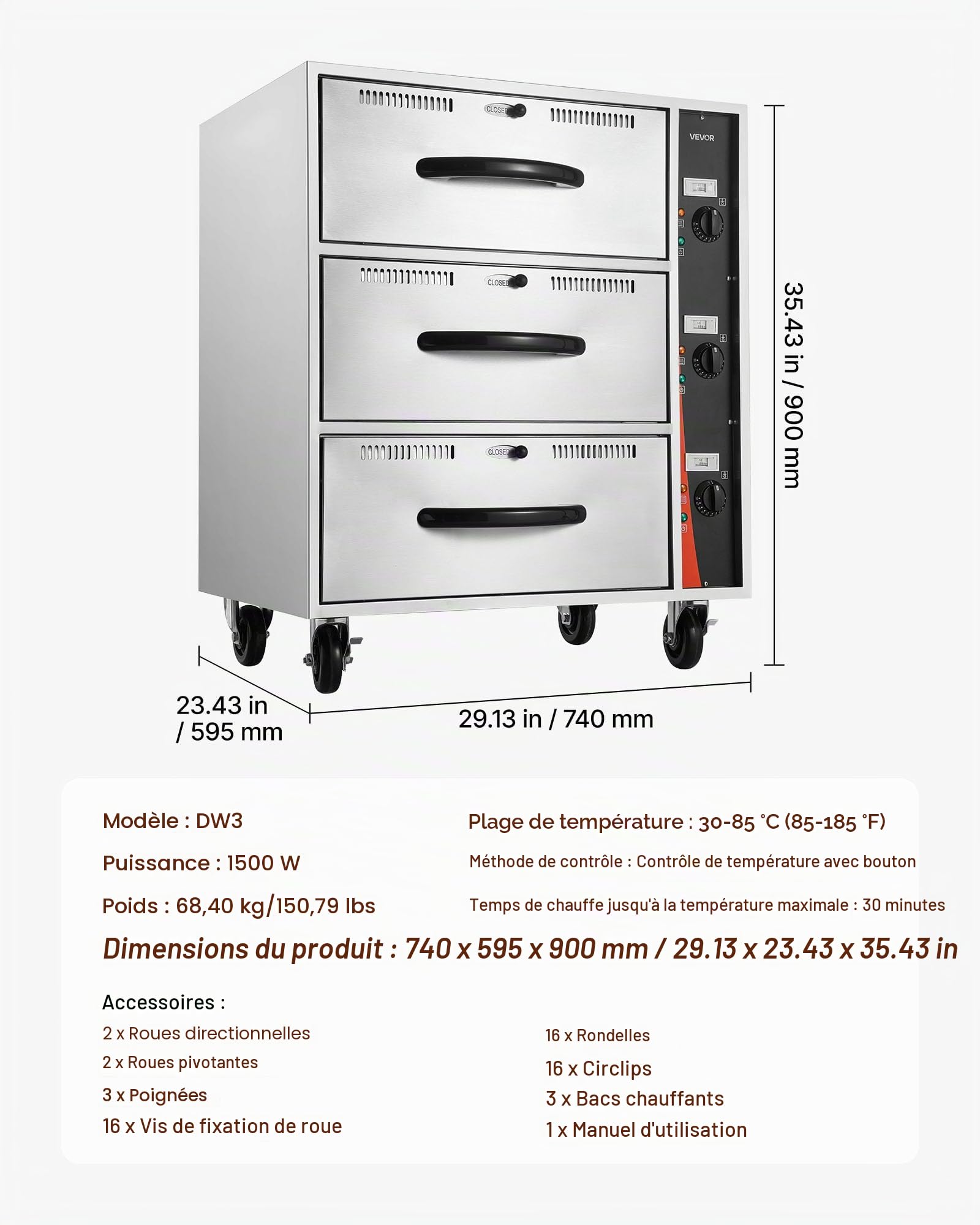 VEVOR Electric Heating Drawer, Three Drawer Stainless Steel Tea Warmers, Standalone Standard Heating Cabinet, Temperature Range 30-85℃, for Restaurant, Hotel, Buffet and Bakery
