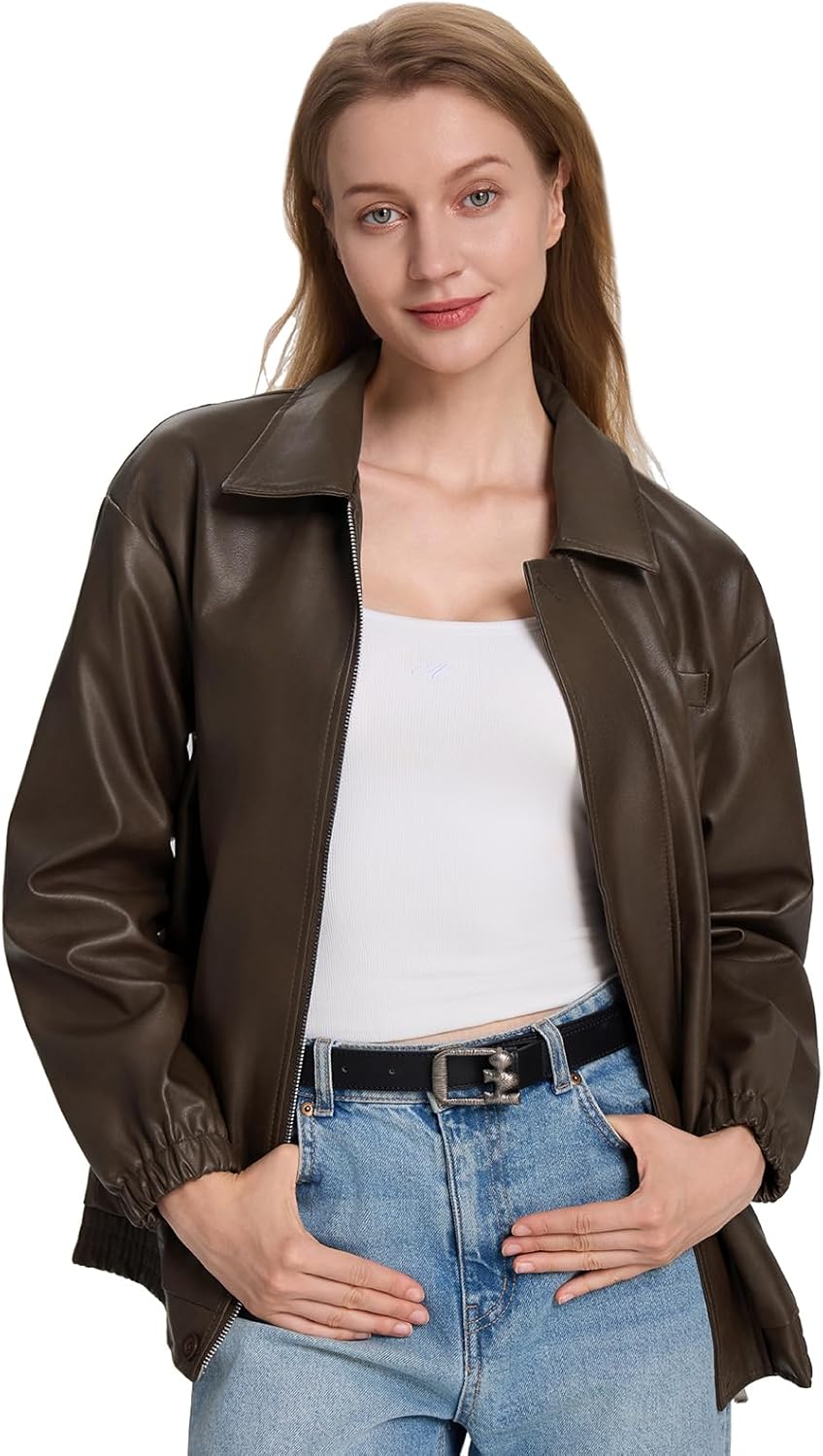 Womens Oversized Faux Leather Winter Bomber Jackets For Women Y2k Fashion Motorcycle Going Out Jacket Coffee XL - Image 5