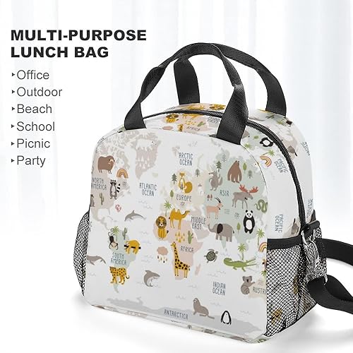 Miniatura 5 de Bolsa de almuerzo para mujeres, niños, niñas, niños, aislada, mapa del mundo animal, multicolor, impreso, lonchera térmica con soporte para botella